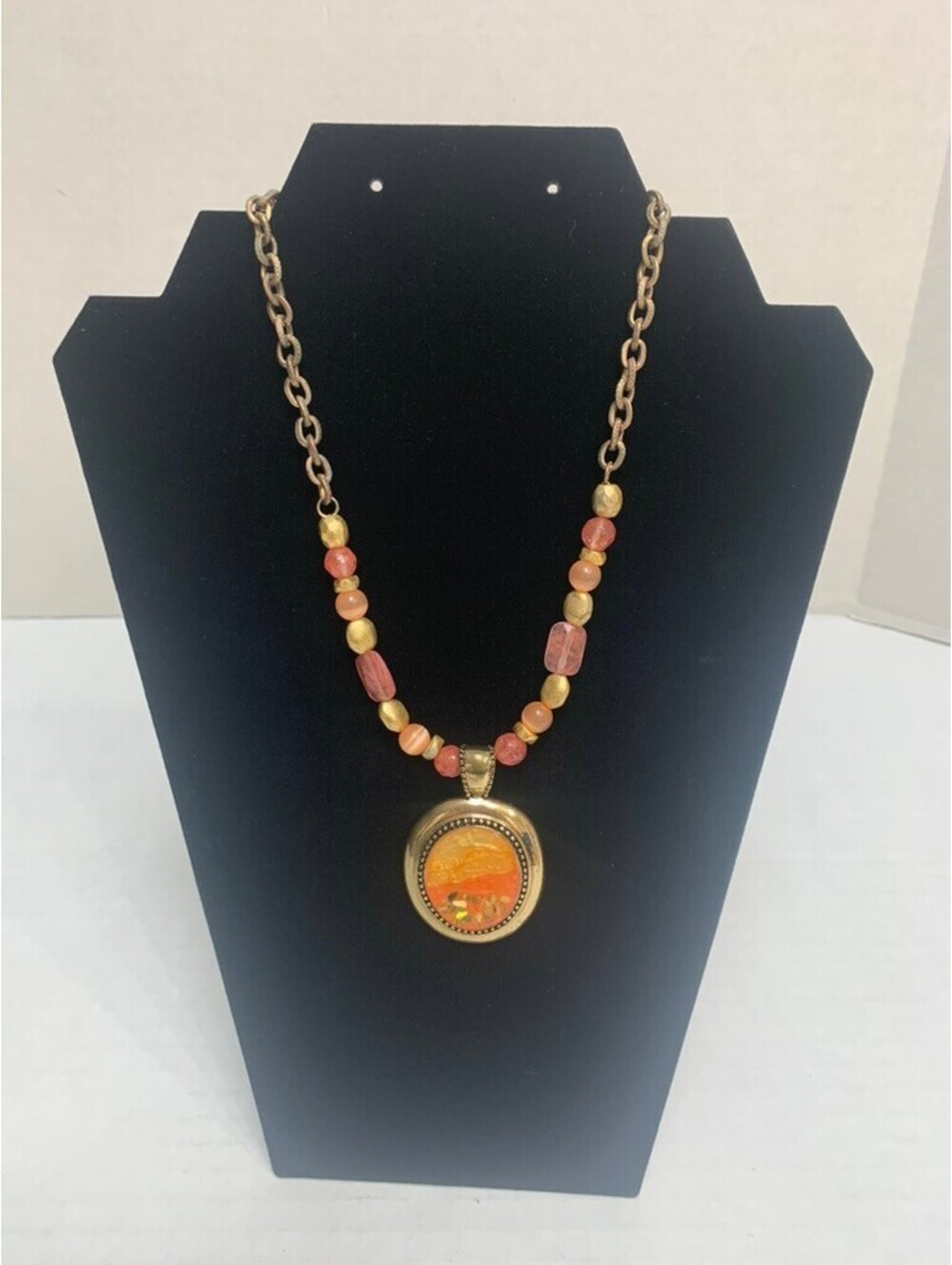 Vintage Monet Large Pendent Orange Yellow Necklace